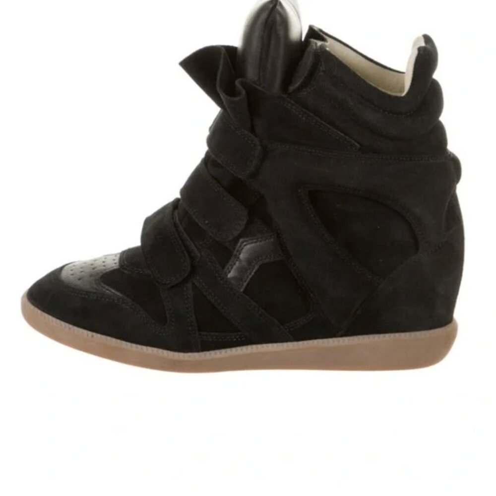 Isabel Marant Black Suede Wedge Sneakers with Tan Sole